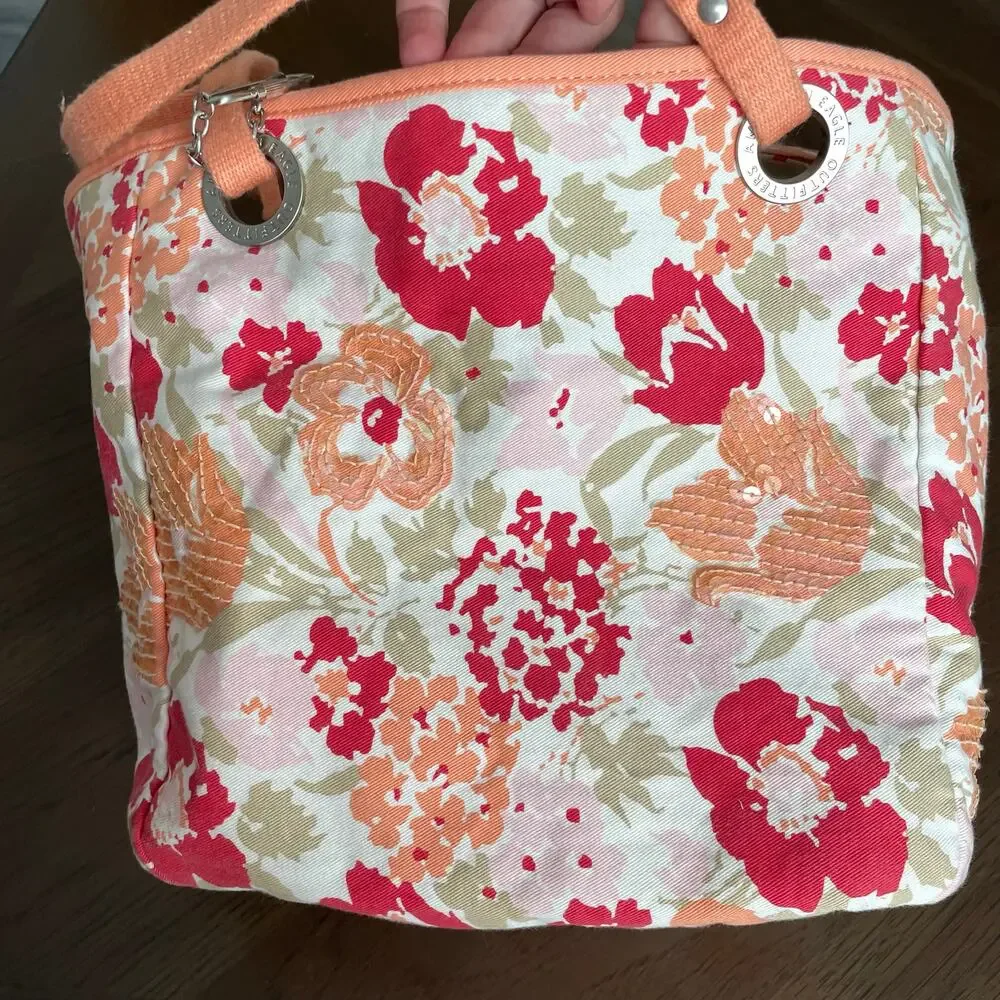 American Eagle Floral Sequined Canvas Tote Bag Cloth Shoulder Salmon Peach